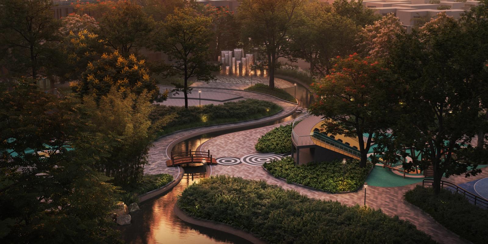 Landscaped park and waterway at Vinayak 21 Acres